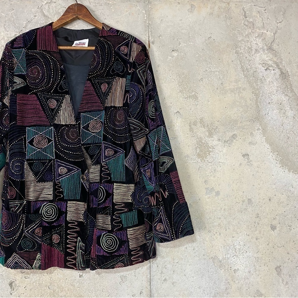 Vintage 80s geometric velvet, metallic, psychedelic purple black gold blazer
